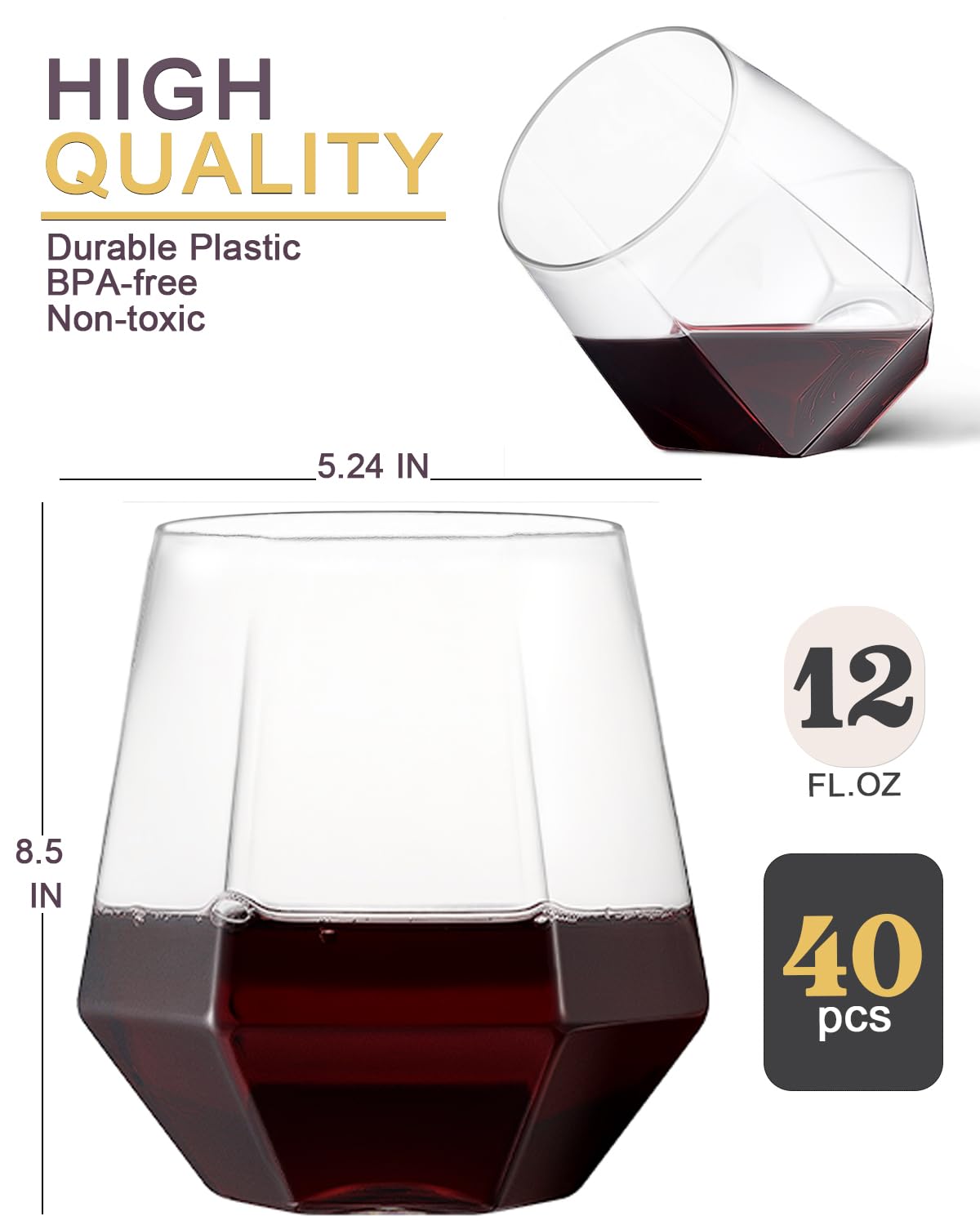 Maaacute 40 Pack Plastic Stemless Wine cocktail Whiskey Champagne Glasses, 12 Oz Disposable Clear Unbreakable Cups for Party Bars Wedding Tasting (Diamond-shaped)