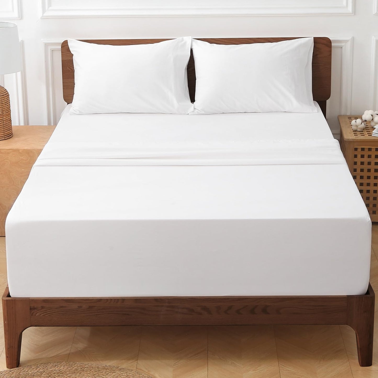 HYPREST Extra Deep Pocket Queen Sheet Sets Fits 18"-24" in Deep Mattress -100% Cotton Queen Sheet Set,White Hotel Luxury Soft Cooling Sheet Sets for Queen Bed Deep Pocket