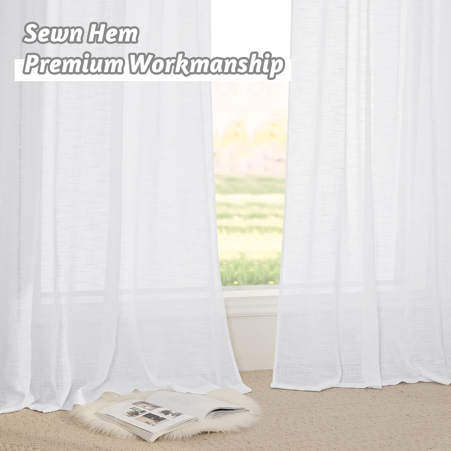 RYB HOME Semi Sheer Curtains 102 inches Long, Back Tab Light Filtering Half Privacy Window Curtains & Drapes for Bedroom Living Room, White, W 52 x L 102 inches, 2 Panels Set