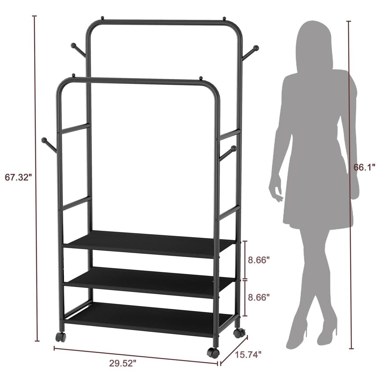 Furologee Clothes Racks for Hanging Clothes, Double Rods Clothing Rack with 3-Tier Storage Shelves, Rolling Garment Wardrobe with Wheels, Portable Free Standing Closet for Bedroom, Laundry Room, Black