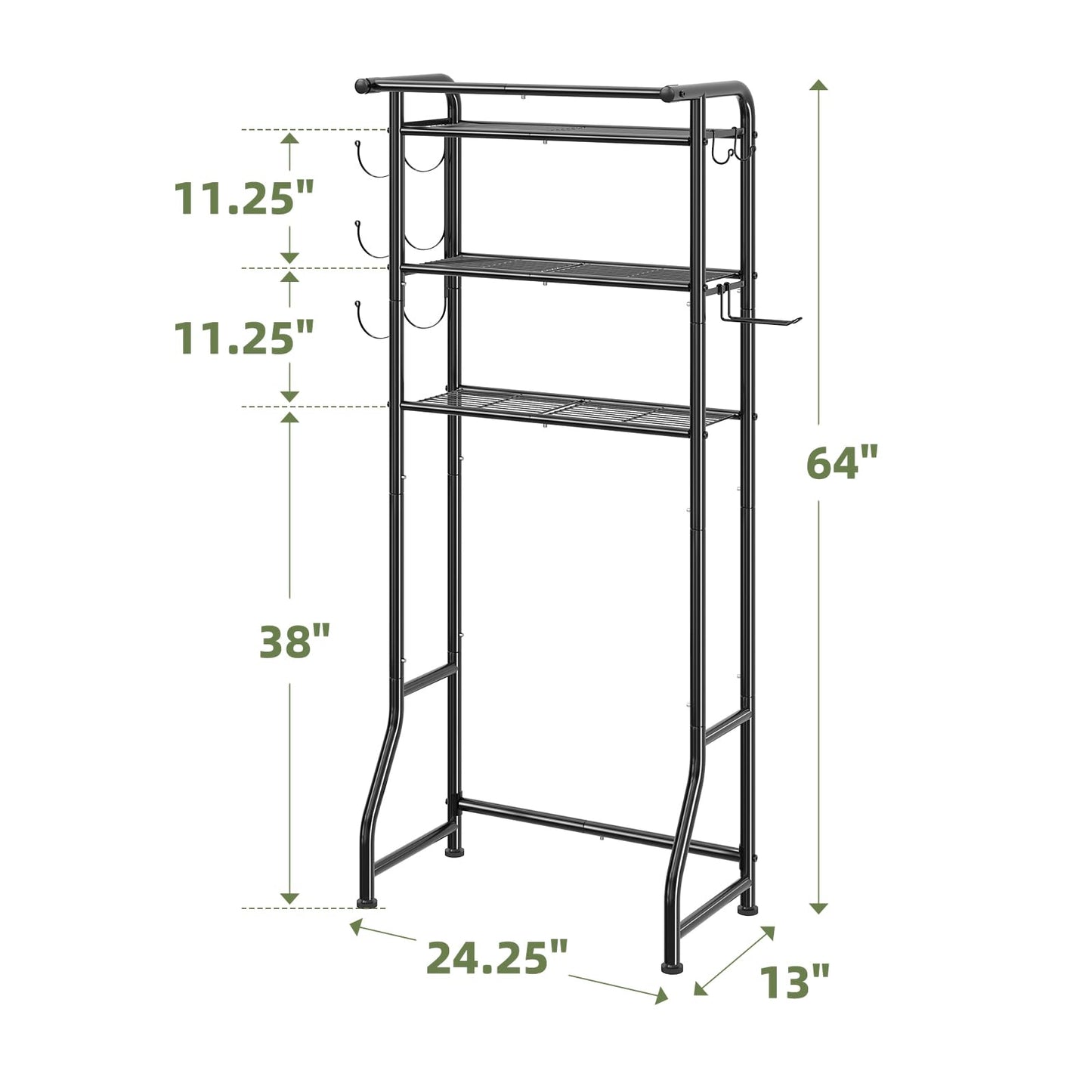 Simple Trending Over The Toilet Storage Cabinet, Metal Bathroom Shelf Organizer with Paper Holder and Hooks, 3 Tier, Black