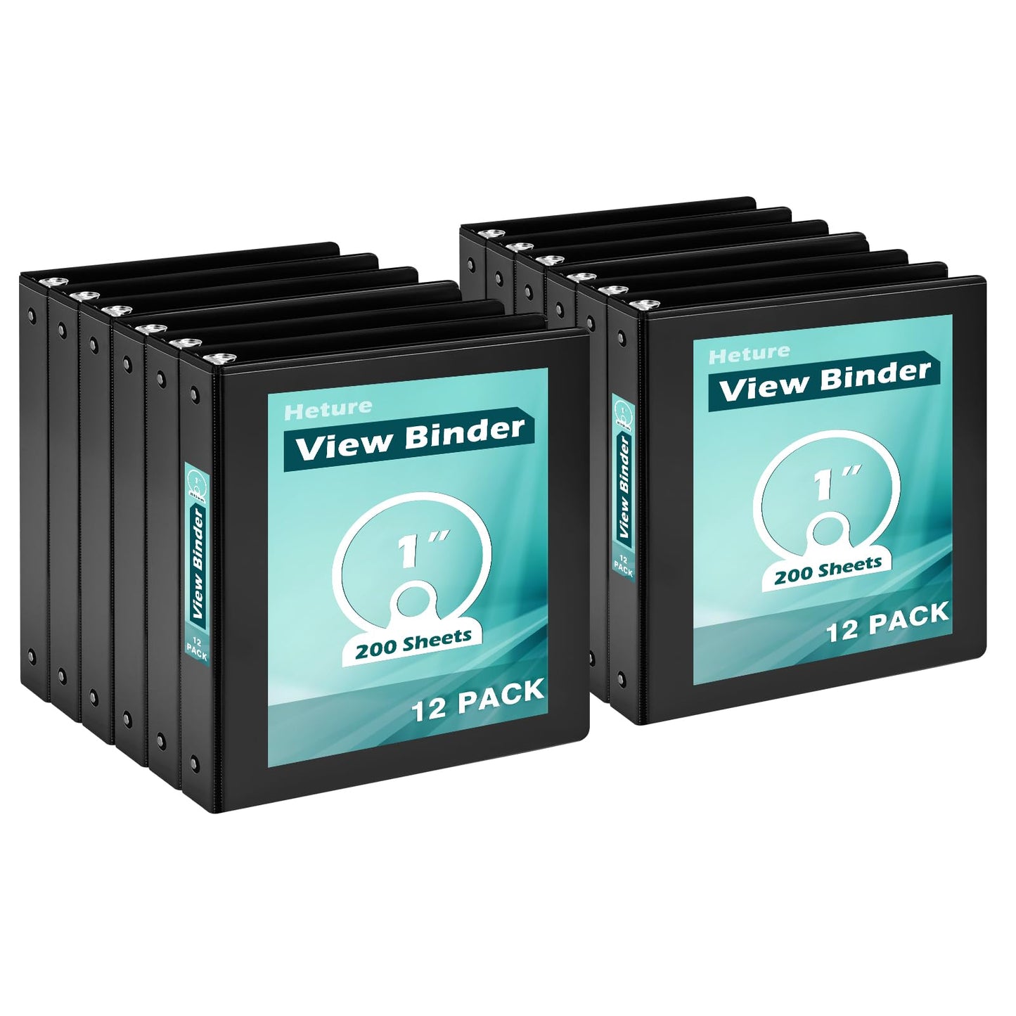 Heture 3 Ring Binder 1 Inch 12 Pack, 1" Clear View Round-Ring-Binder, PVC-Free,Holds for 200 Sheets 8.5" x 11" US Letter Size Paper, Durable Black Binders Perfect for Office,School and Home