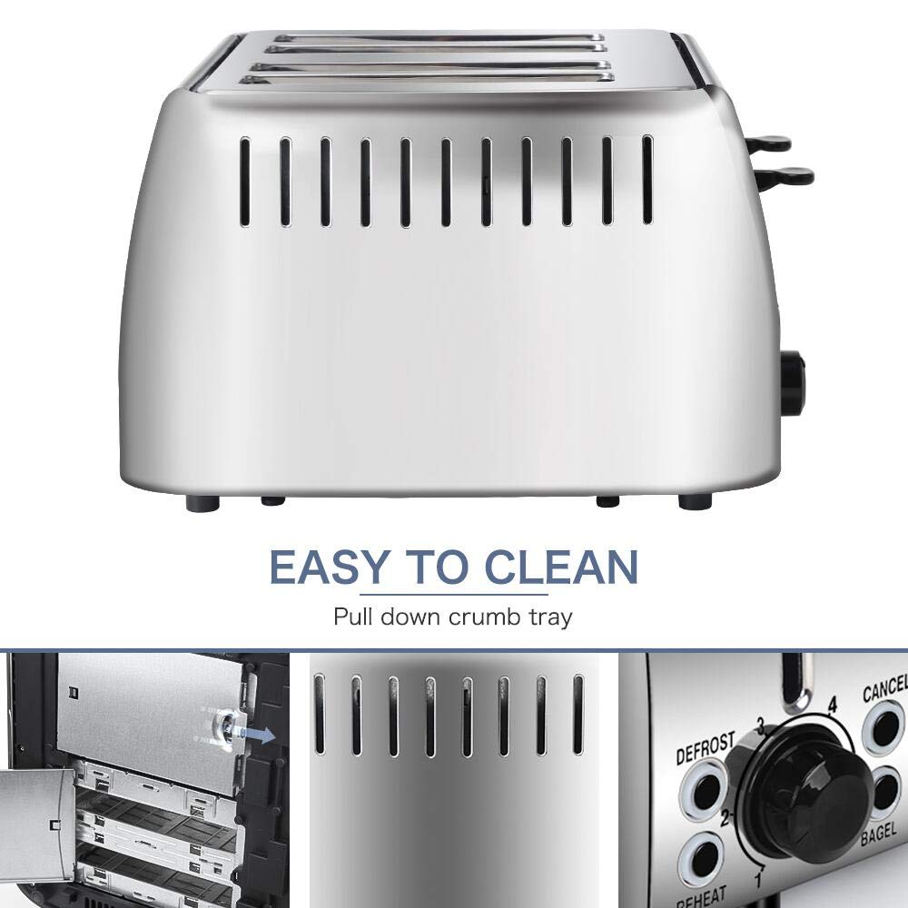 prepAmeal Toaster 4 Slice Stainless Steel Bagel Toaster Extra Wide Slots with 6 Browning Setting, Bagel/Reheat/Defrost/Cancel Function for Toasting Bread, Bagels and Waffles, 1500W, Silver