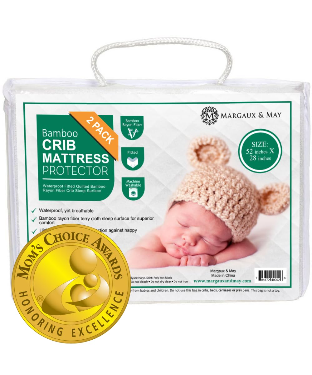 Margaux & May Crib Mattress Protector Pad 2 Pack - Ultra-Soft Waterproof Breathable Premium Bamboo Rayon - Noiseless Fitted Dryer Safe Cover for Crib. High Absorbency Oeko-TEX Certified
