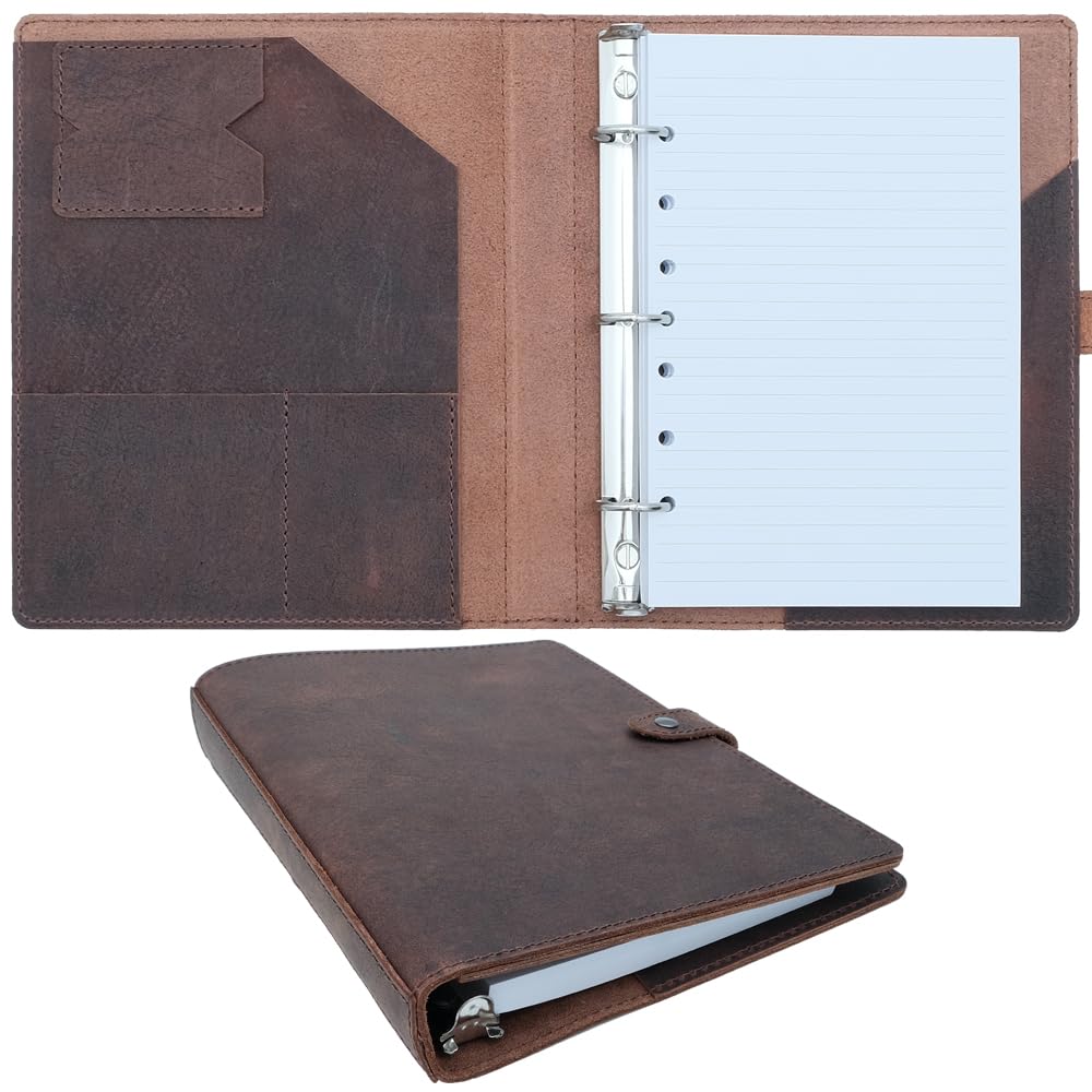 Fan&Ran Lined Leather Journal, 100 Sheets of College Ruled Paper 5.5"x8.5", 3-Ring Mini Binder, Interior Pockets, Refillable