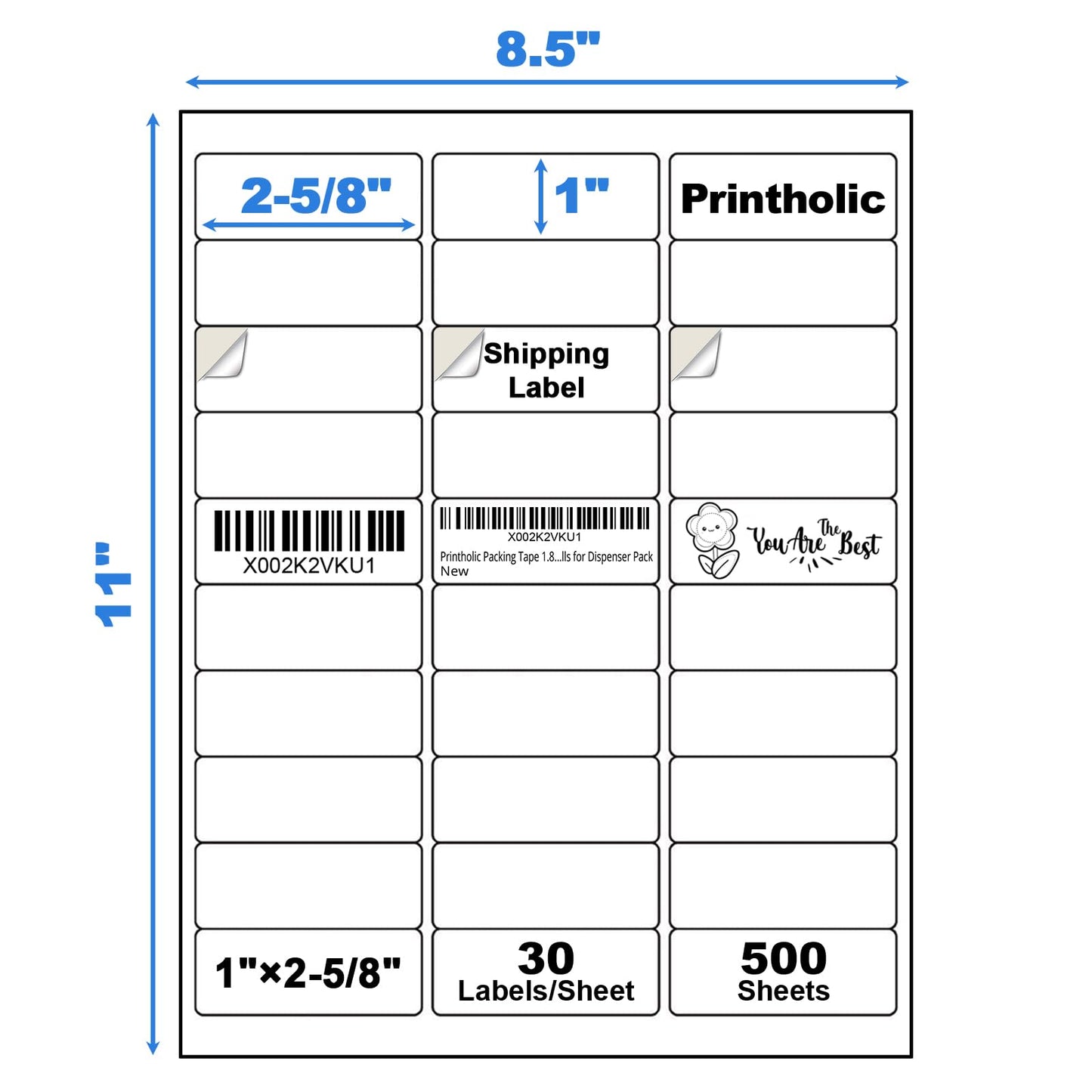 Printholic 15000 30 Per Sheet Self Adhesive 1" x 2-5/8" Address Shipping Labels for Laser & Inkjet Printers - 500 Sheets, 30 Per Labels Per Page, 30 up Labels