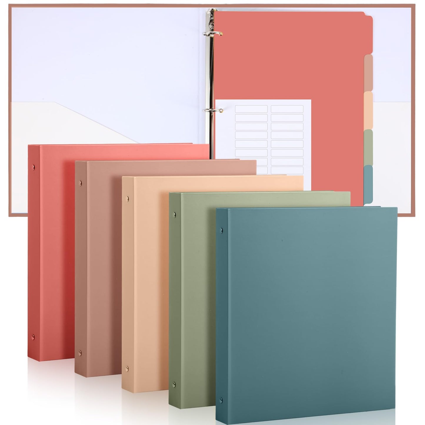 Ctosree 5 Sets 1 Inch Heavy Duty 3 Ring Binder with 2 Pockets with 5 Tab Dividers 8.5 x 11 Inch Plastic Film and File Folder Labels for Letter Size Paper Office Home Supplies(Retro Color)