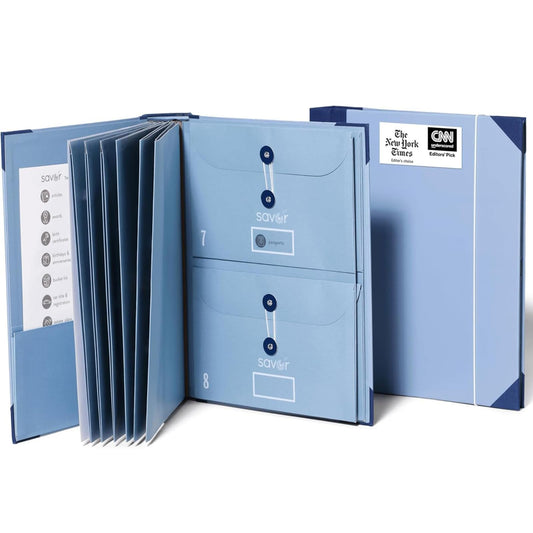The Folio® Important Document Organizer by Savor | Binder with Guided Labels, Acid-Free File Folder Organizer with 10 Pockets, Document Holder for Home Records, Legal and Medical Papers (Blue)