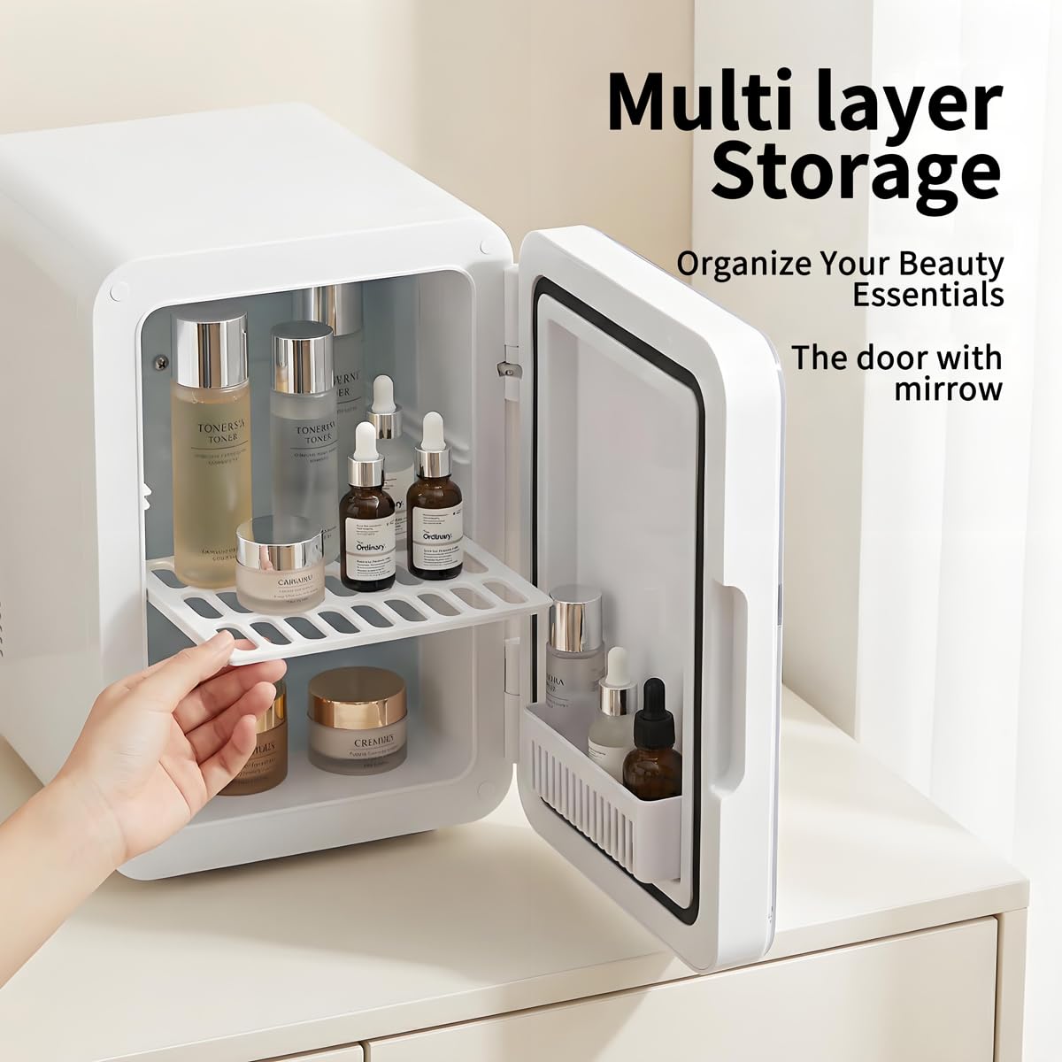 Lispin Mini Fridge for Bedroom, 4L Skincare Fridge with Dimmable LED Light Mirror for Dorm & Office, Portable Cooler & Warmer Small Compact Refrigerator for Skincare, Makeup and Cosmetics
