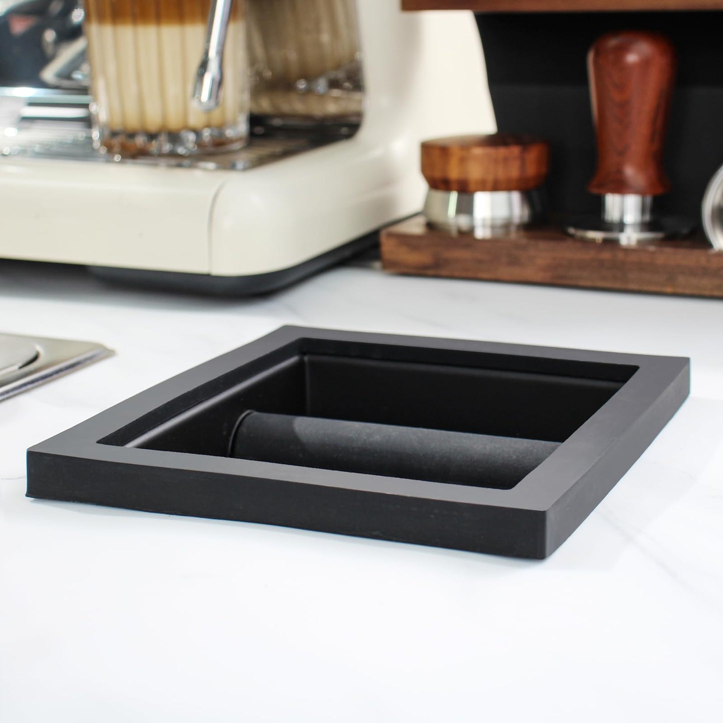 DIBTSA Espresso Coffee Ground Knock Box Chute, Built-in Desktop Waste Bucket, Stainless Steel Bottomless Knocking Residue Box (Rectangle)