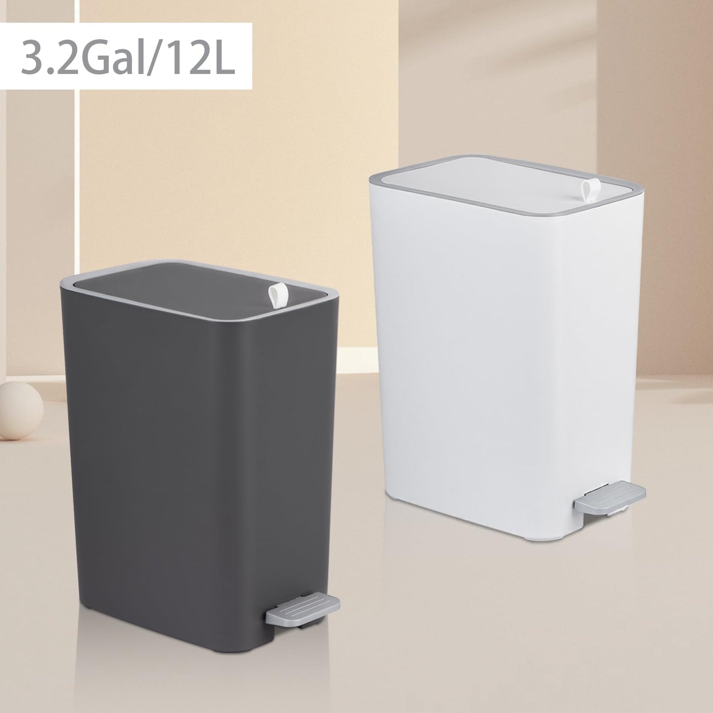 rejomiik Small Bathroom Trash Can with Lid, 3.2 Gallon Step Garbage Can with Handle, Slim Mini Wastebasket Bin for Bedroom, Office, Dorm, White