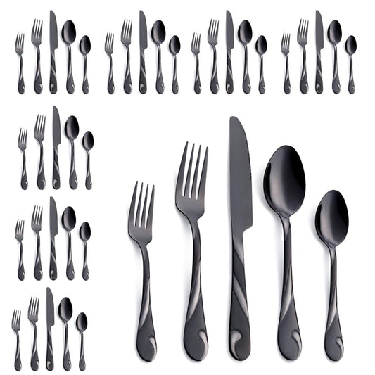 Seeshine Black Silverware Set for 8, 40-Piece Stainless Steel Flatware Set, Shiny Black Metal Cutlery Set, Include Fork, Knife and Spoon Set, Dishwasher Safe