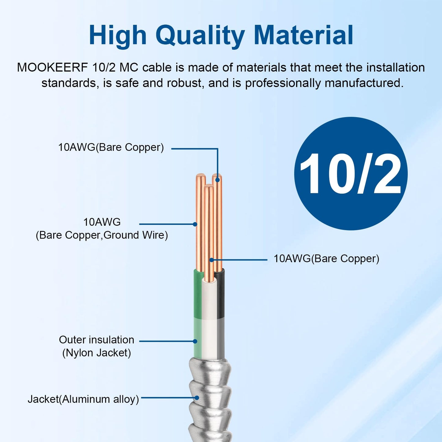 10/2 MC Cable with Ground - 50FT Pure Copper 10AWG/2 Metal Clad Wire with Aluminum Armor 10 Gauge 2 Conductor Type MC Alum Cable