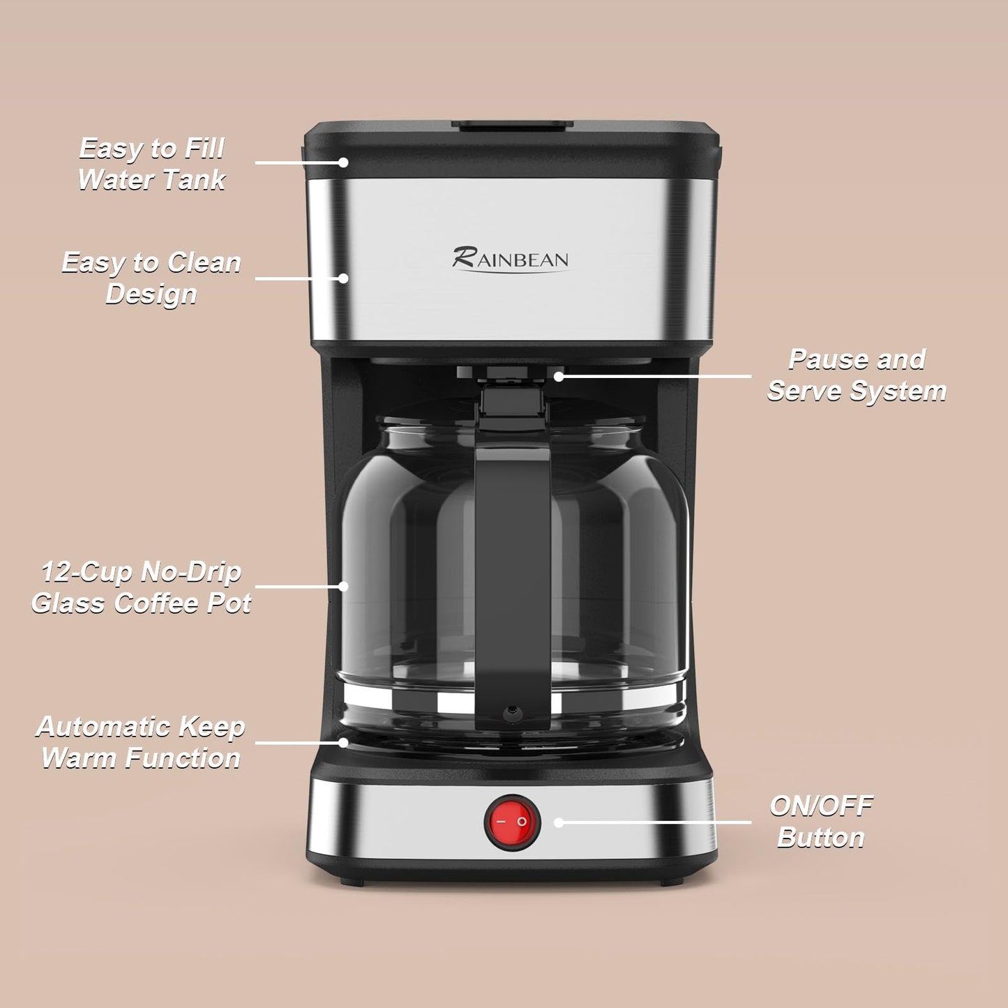 RAINBEAN 12-Cup Drip Coffee Maker,Home/Office Coffee Brewing Machine with Removable Filter,Glass Carafe and Heated Base,Black & Stainless Steel