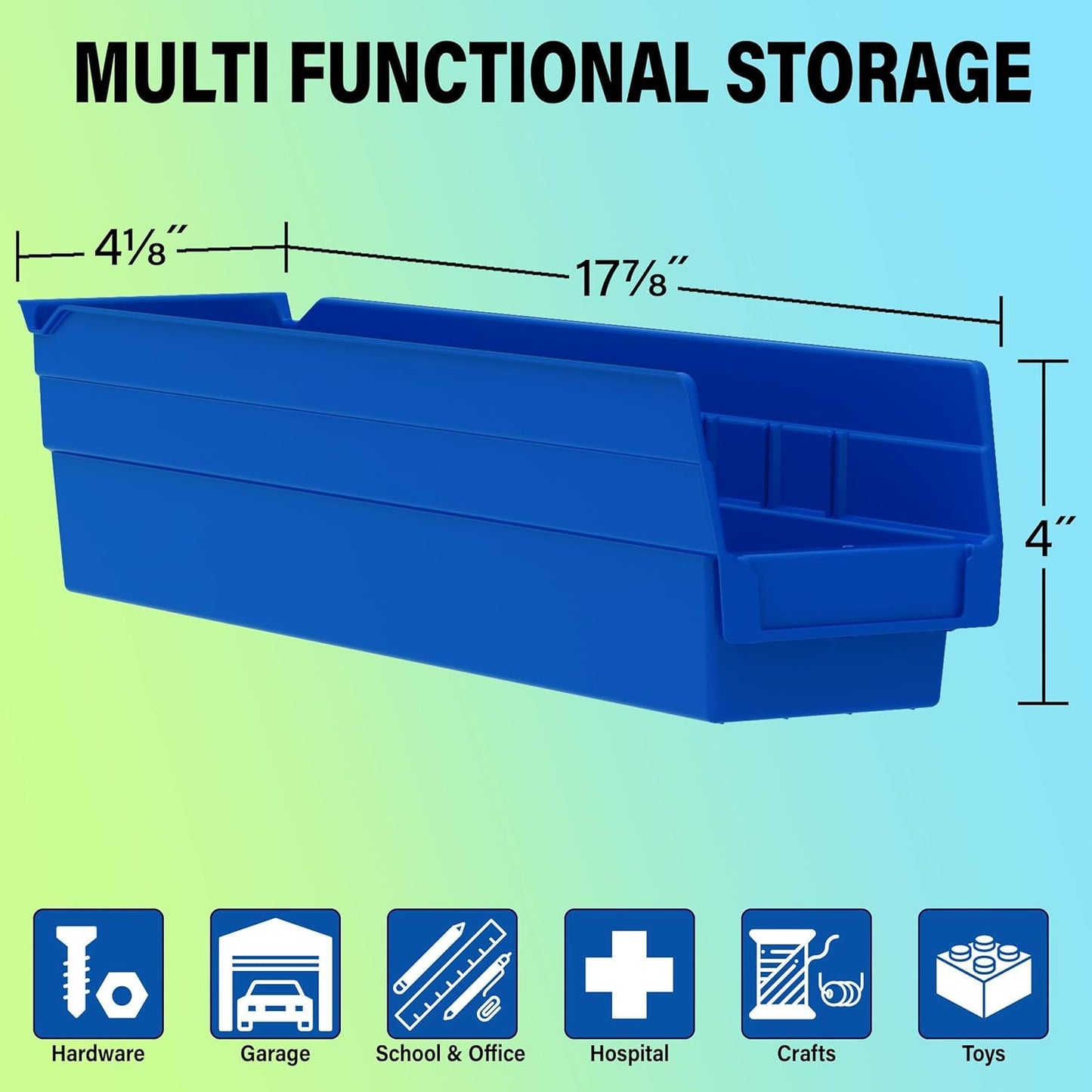 Akro-Mils 30128 Plastic Shelf Bins, Heavy Duty Storage Bins for Garage, Closet, and Drawer Organization, 18 x 4 x 4 inches, Blue, 12-Pack