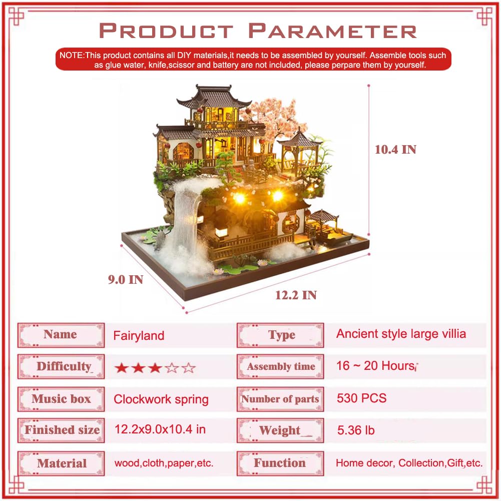 Yuzhen DIY Miniature Dollhouse with Furniture and LED Lights, Large Ancient Style Wooden Dollhouse Includes Dustcover and Music Movement