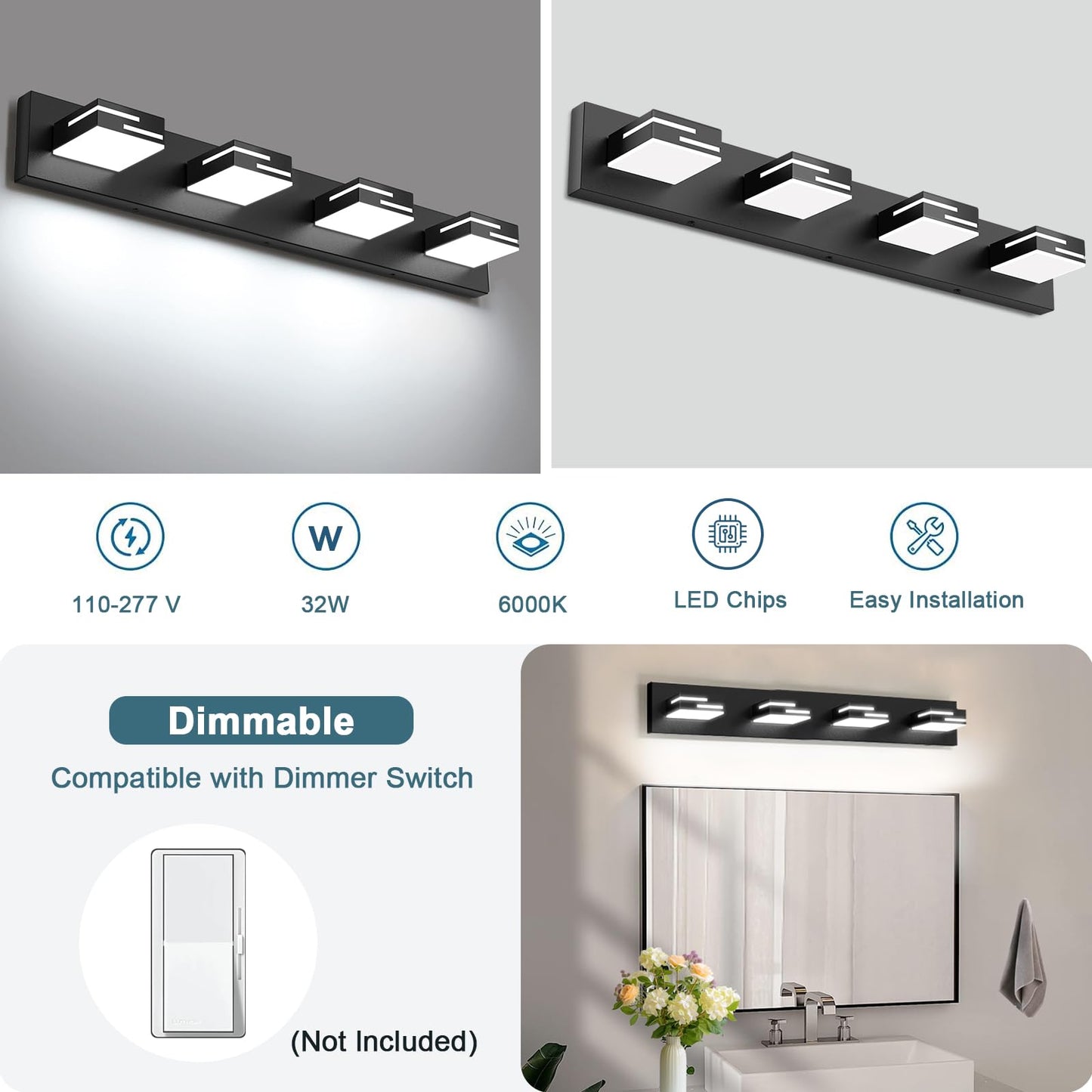 LKHF LED Modern Bathroom Vanity Light Fixtures, Dimmable Matte Black Vanity Lights for Bathroom Lighting Fixtures Over Mirror, with 360° Rotatable Acrylic Heads 4-Light 28-inch (Cool White 6000K)