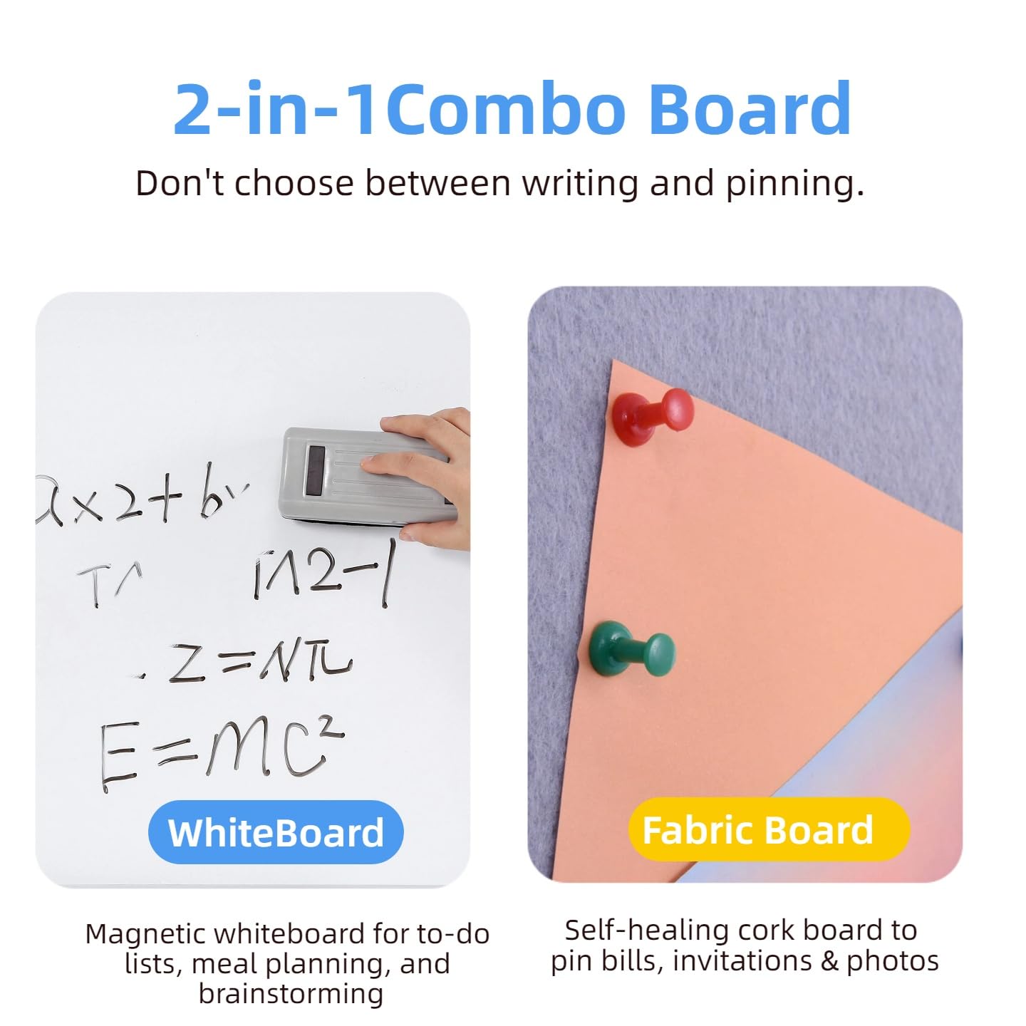 DexBoard Grey Bulletin Board and White Board Combo, 24 x 18 Inch Fabric Board, Magnetic Dry Erase Board & Corkboard for Wall, Vision Board for Home, Office, School