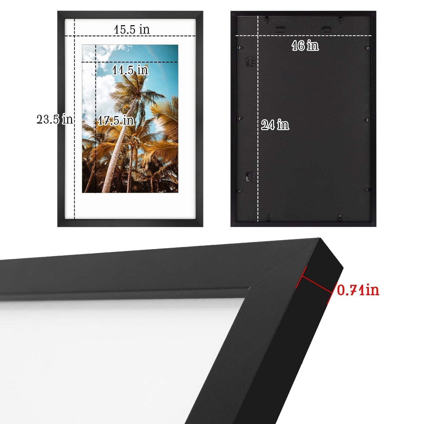 Frametory, 16x24 Picture Frame with Mat for 12x18 Picture - High Definition Glass Wide Molding - Preinstalled Wall Mounting Hardware (Black, 1 Pack)