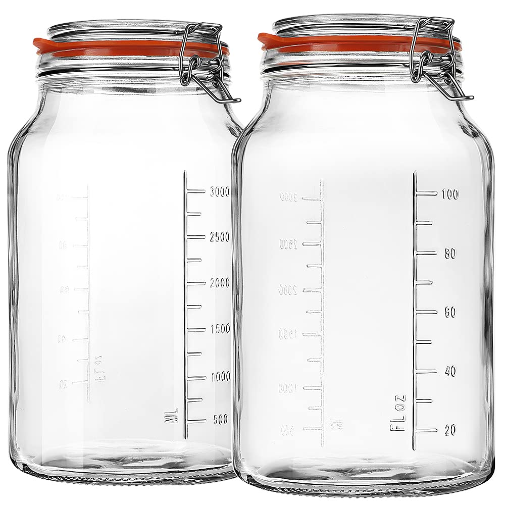 1 Gallon Glass Jars with Airtight Lid, Large Glass Storage Containers with Lids, 2 Pack Wide Mouth Mason Jars with Measurement Marks, Kitchen Pantry Storage for Flour, Sugar, 138oz, Dishwasher safe