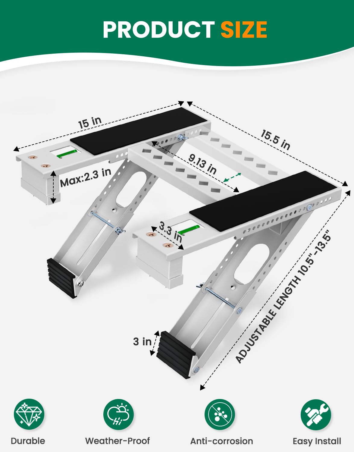 Plusluck Window Air Conditioner Support Bracket: Heavy Duty Window AC Bracket with 2 Arms, Up to 220 lbs - Universal Fit 5,000 to 24,000 BTU Window Units - Adjustable Crossbar Level Non-Slip Mat