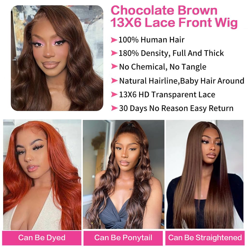 13x6 Chocolate Brown Lace Front Wig Human Hair HD Transparent Body Wave Lace Front Wigs Human Hair Pre Plucked Glueless Frontal Brown Wig Human Hair 180 Density #4. (13X6 Chocolate Brown Wig, 28inch)