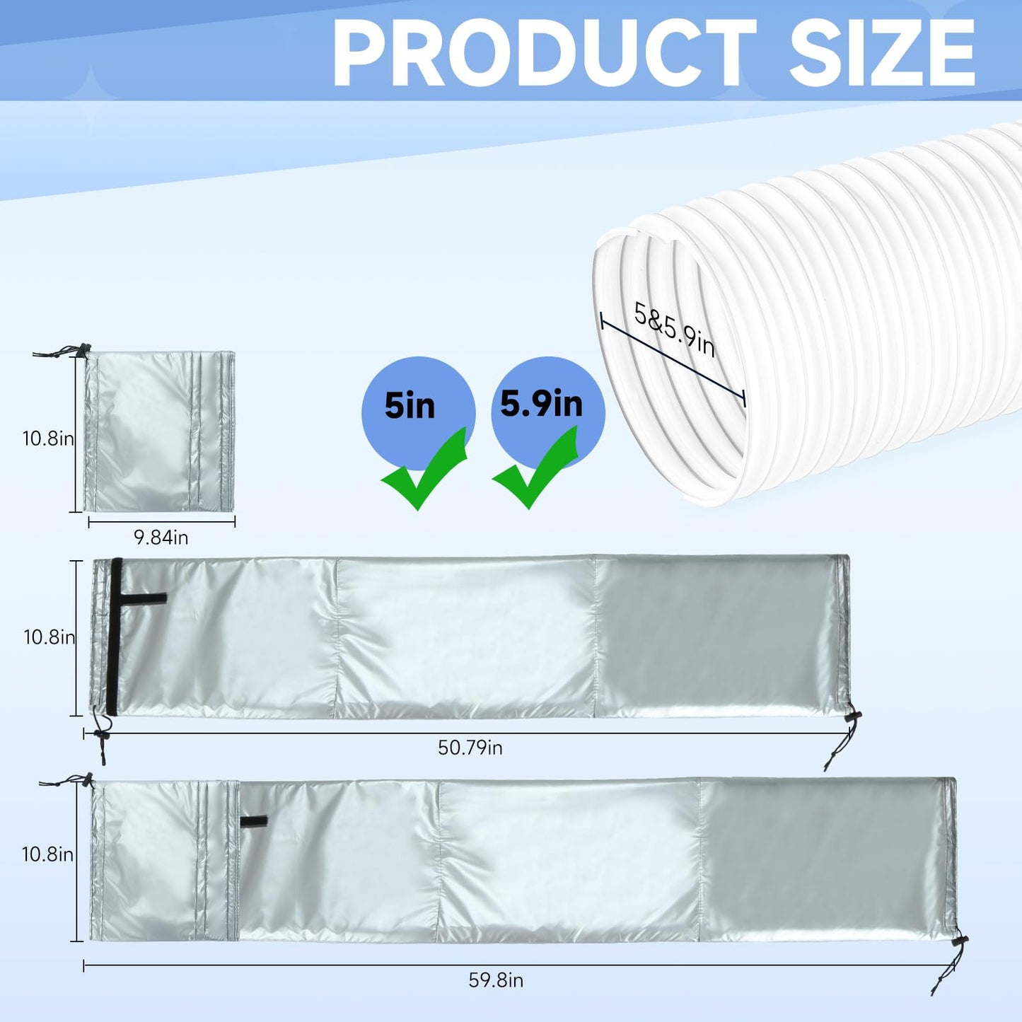 2 Pcs Portable AC Hose Insulation Sleeve, Air Conditioner Hose Cover Wrap for 5" & 5.9" Diameter Exhaust Hose, AC Duct Vent Cover Sleeve with Upgrade Heat Insulation Material,One Step Install