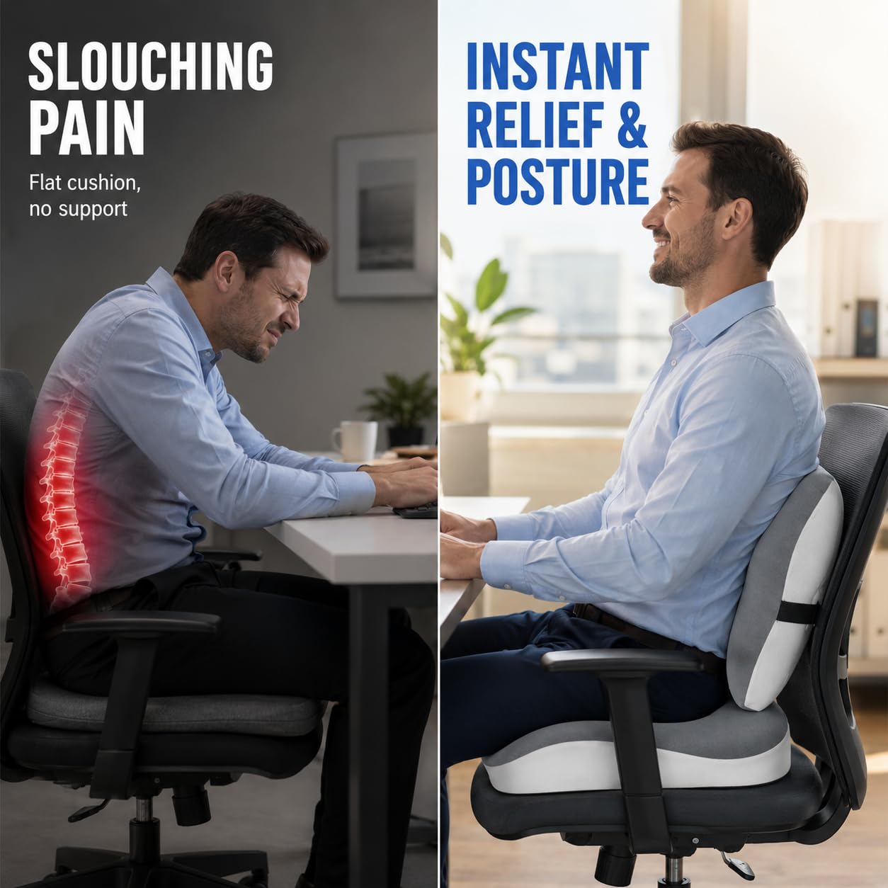 Ergonomic Seat Cushion and Lumbar Support Pillow Set, Breathable Cotton Desk Chair Pad for Sciatica, Back & Tailbone Pain Relief, Office, Car & Gaming Chair Cushion - Grey