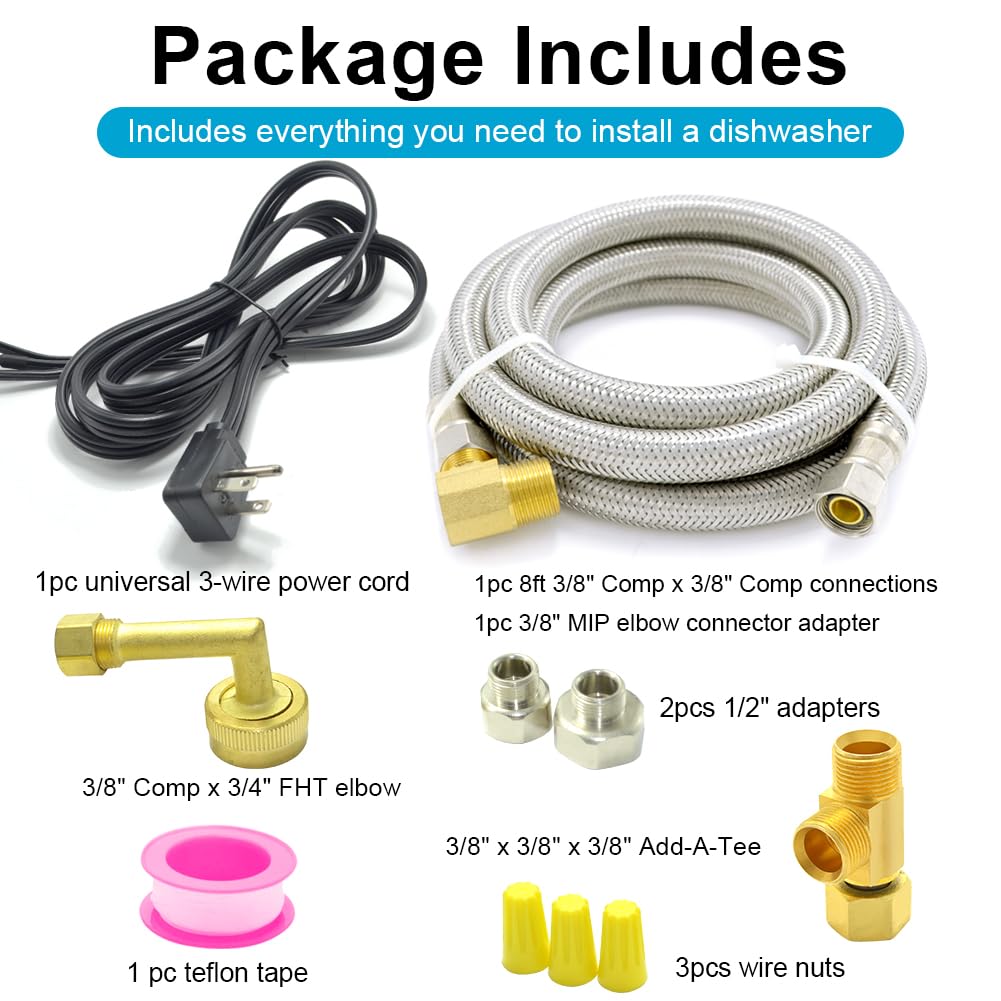 TT FLEX Universal Dishwasher Installation Kit,8 Ft Stainless Steel Dishwasher Hose,Burst Proof Water Supply Line with 3/8" Compression Connections
