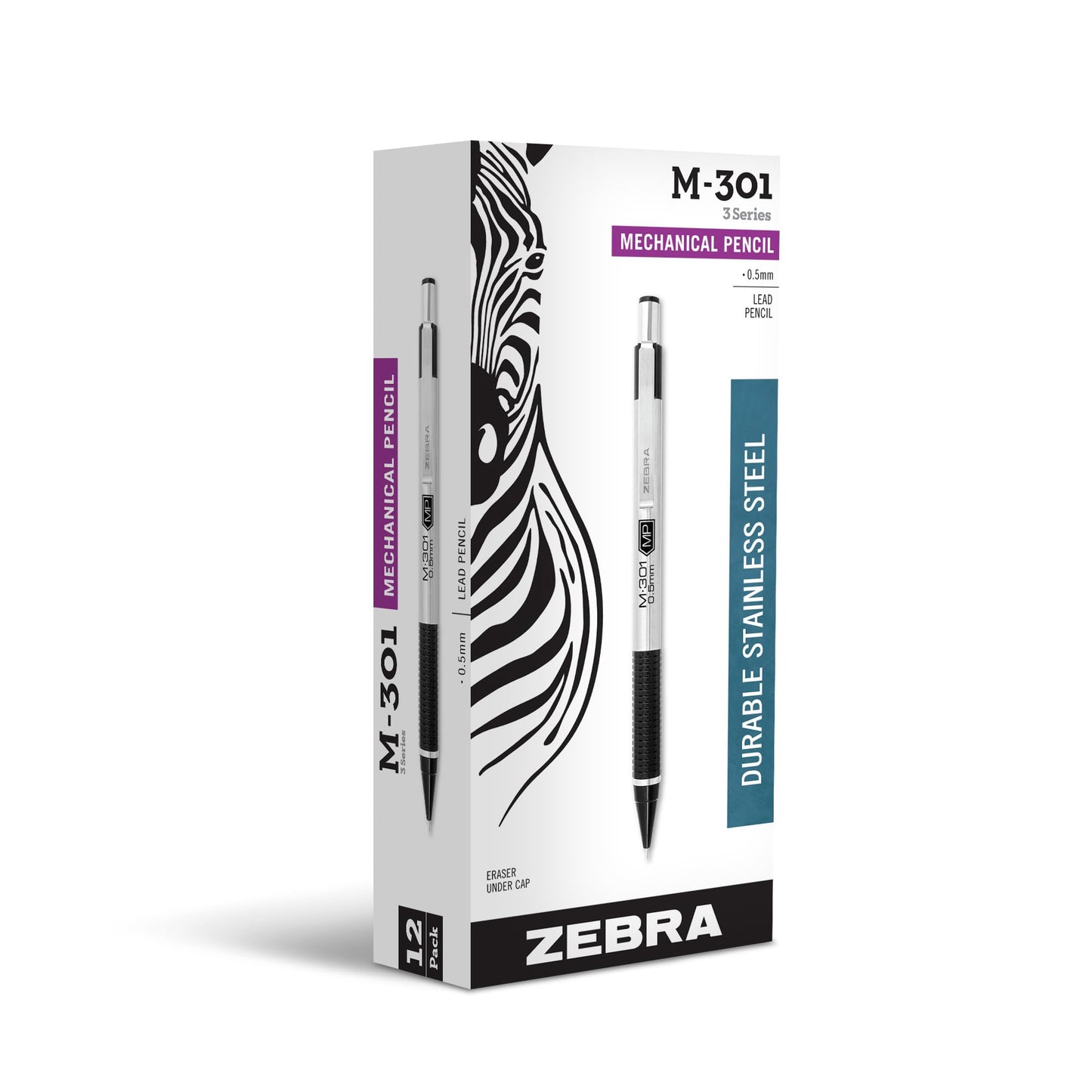 Zebra Pen, STEEL M-301 Mechanical Pencils, 0.5mm Fine Point, Refillable Lead, Stainless Steel Barrel, Built-in Eraser, Durable Clip, Lightweight Precision Pencil for Office or School, 12-Pack (54010)