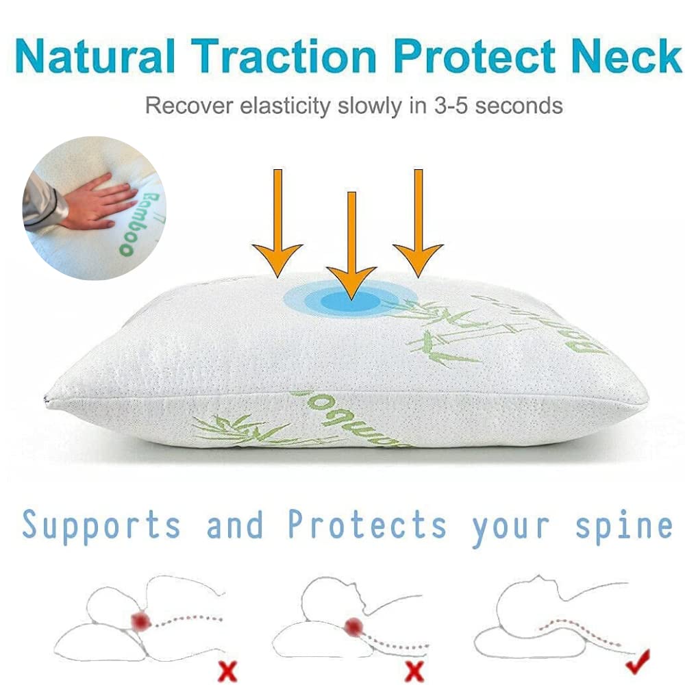 Memory Foam Bamboo Pillows King Size Set of 2 [Adjustable] for Sleeping - Cool & Breathable Cover with Zipper Rayon Derived from Bamboo Pilllowcase - Relieves Neck Pain - Back/Stomach/Side Sleeper