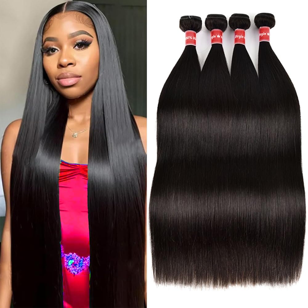 12A Straight Bundles Long Human Hair Bundles Brazilian Virgin Straight Weave 4 Bundles Natural Black Human Hair Bundles Deals Remy Human Hair Extensions for Black Women (22 24 26 28 Inch)