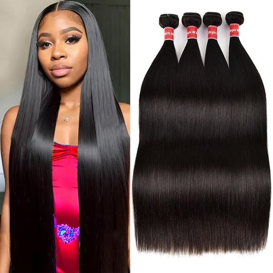 12A Straight Bundles Long Human Hair Bundles Brazilian Virgin Straight Weave 4 Bundles Natural Black Human Hair Bundles Deals Remy Human Hair Extensions for Black Women (22 24 26 28 Inch)