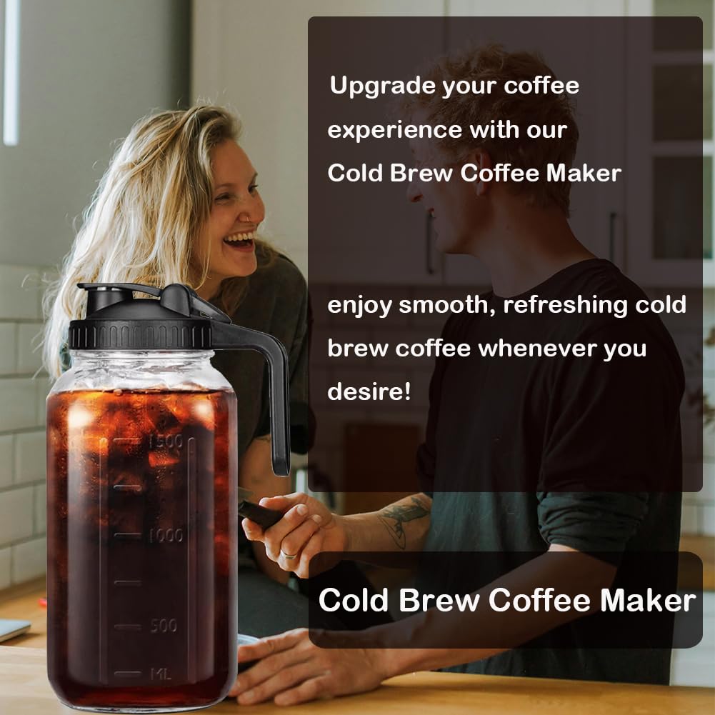 HomeCheer 2 Set 64 oz (2 Quart), Black Cold Brew Coffee Maker, Iced Tea Machines, Thick Glass with Pour Spout Handle Lid, Stainless Steel Filter for Iced Coffee, Fruit Drinks or Sun Tea (2)