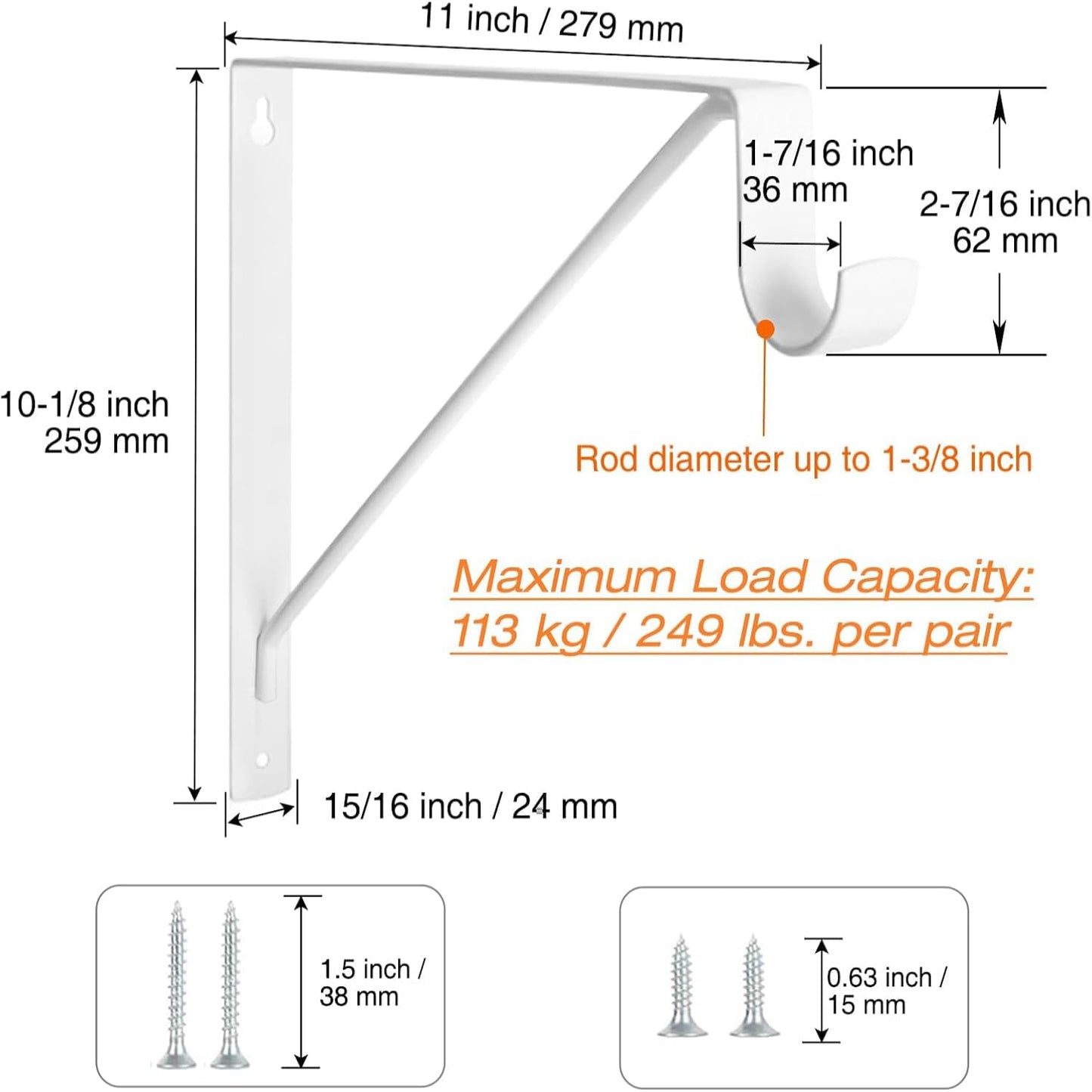 KOVOSCH 4 Pack Heavy Duty Closet Shelf & Rod Brackets, Wall Mounted Closet Shelf Brackets, 11 x 10.2 Inch Closet Shelf Brackets with Rod Support, White