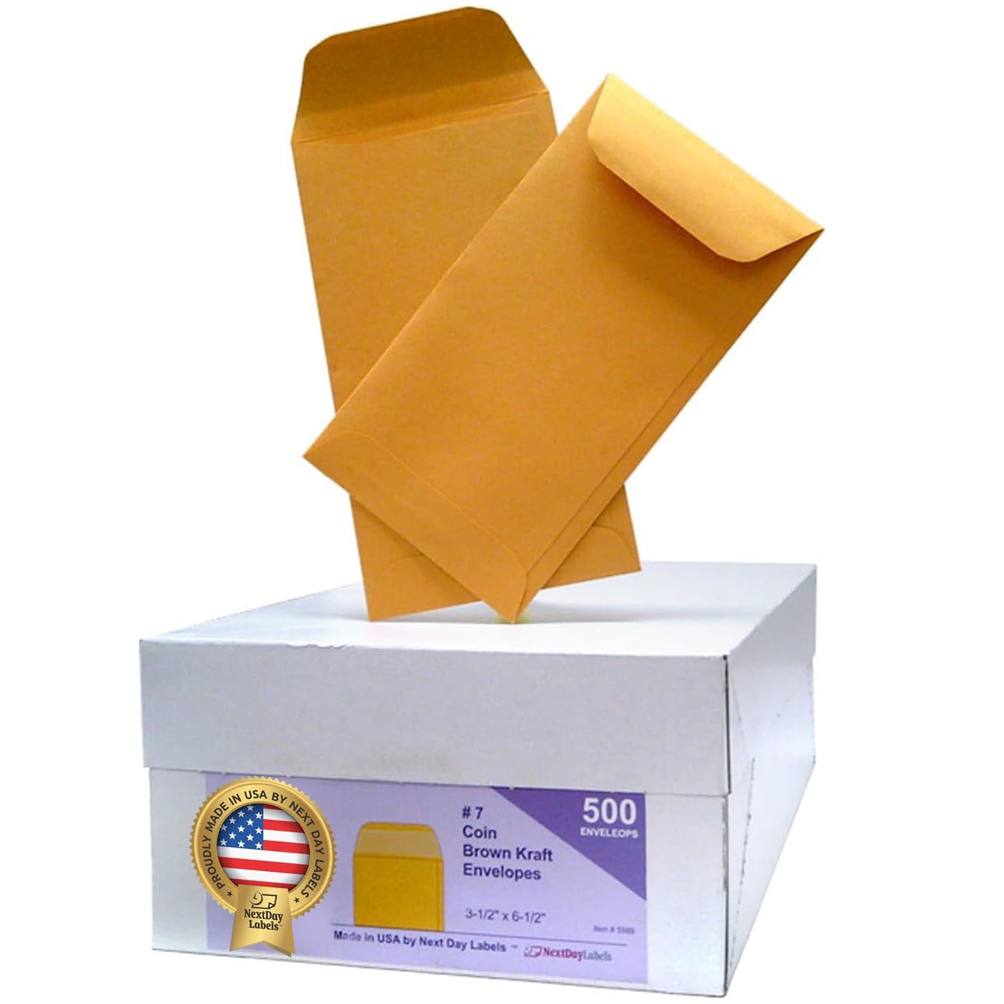 NextDay Labels #7 Coin Envelopes - 500-Pack Brown Kraft Gummed Money Envelopes for Cash, Coins, Jewelry, or Small Parts - Durable Brown Kraft Paper Cash for Home, Office, or Business Use - Made in USA