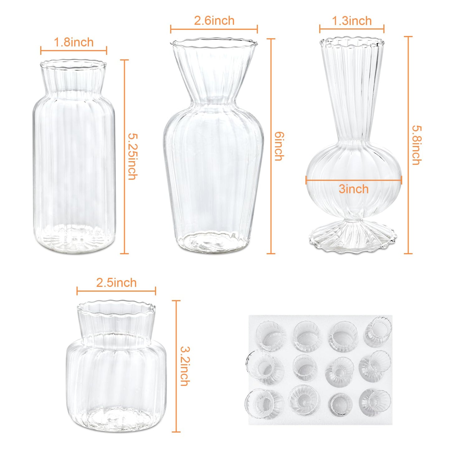 12 Pcs Ribbed Glass Bud Vases Set, 4 Styles Clear Small Flower Vases in Bulk, Roman Column Vertical Ribbed Design for Wedding, Home Decor, Table Centerpieces, Party