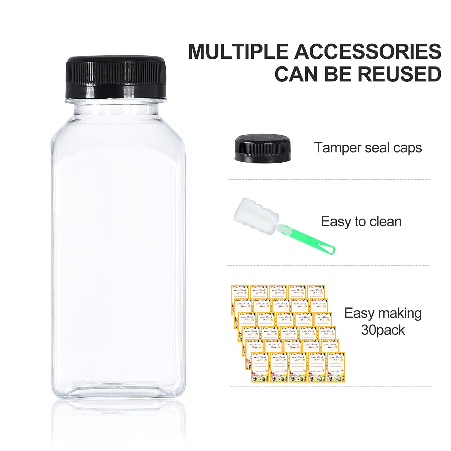 DANALLAN 30 Pack 8oz Empty Plastic Bottles with Leak-Proof Caps Food Grade Recyclable Bulk Beverage Containers Clear PET Bottles for Homemade Juice, Smoothie, Milk and Drinks