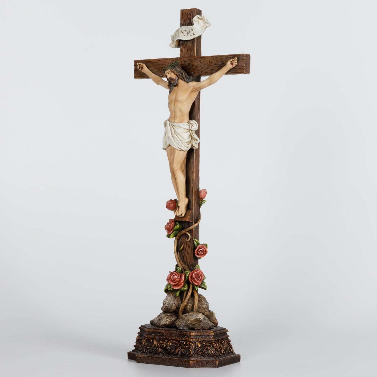 Grace4Joy Standing Crucifix, 14.5 Inches Jesus Christ Standing Cross With Rose-Decorated Base, Hand Painted Crucifix Stand for Catholic Home Table Altar Decor