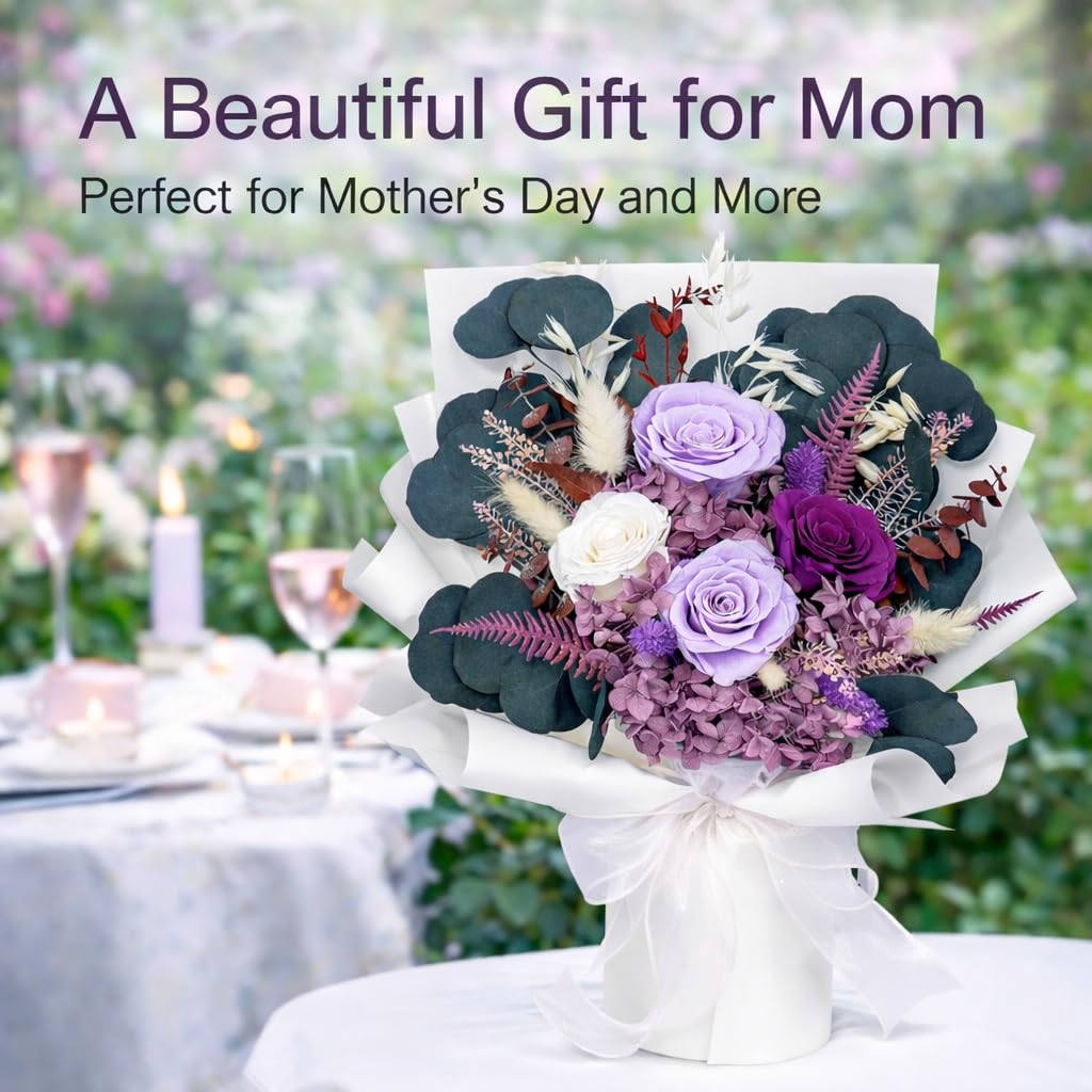 Bonsion Preserved Flowers for Delivery, Purple Rose Bouquet Gift for Women and Mom, Long Lasting Floral Arrangement for Birthday & Anniversary