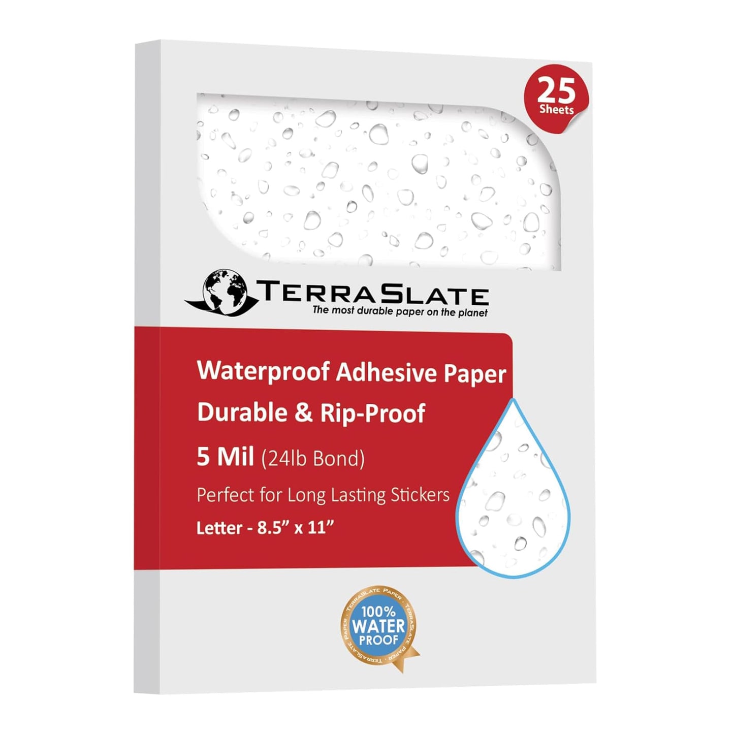 TerraSlate Waterproof Sticker Paper | 5 Mil Permanent Adhesive Labels | Printable Sticker Paper for Laser Printer, Copy Machine & Digital Press (Letter - 8.5" x 11", 25 Sheets)
