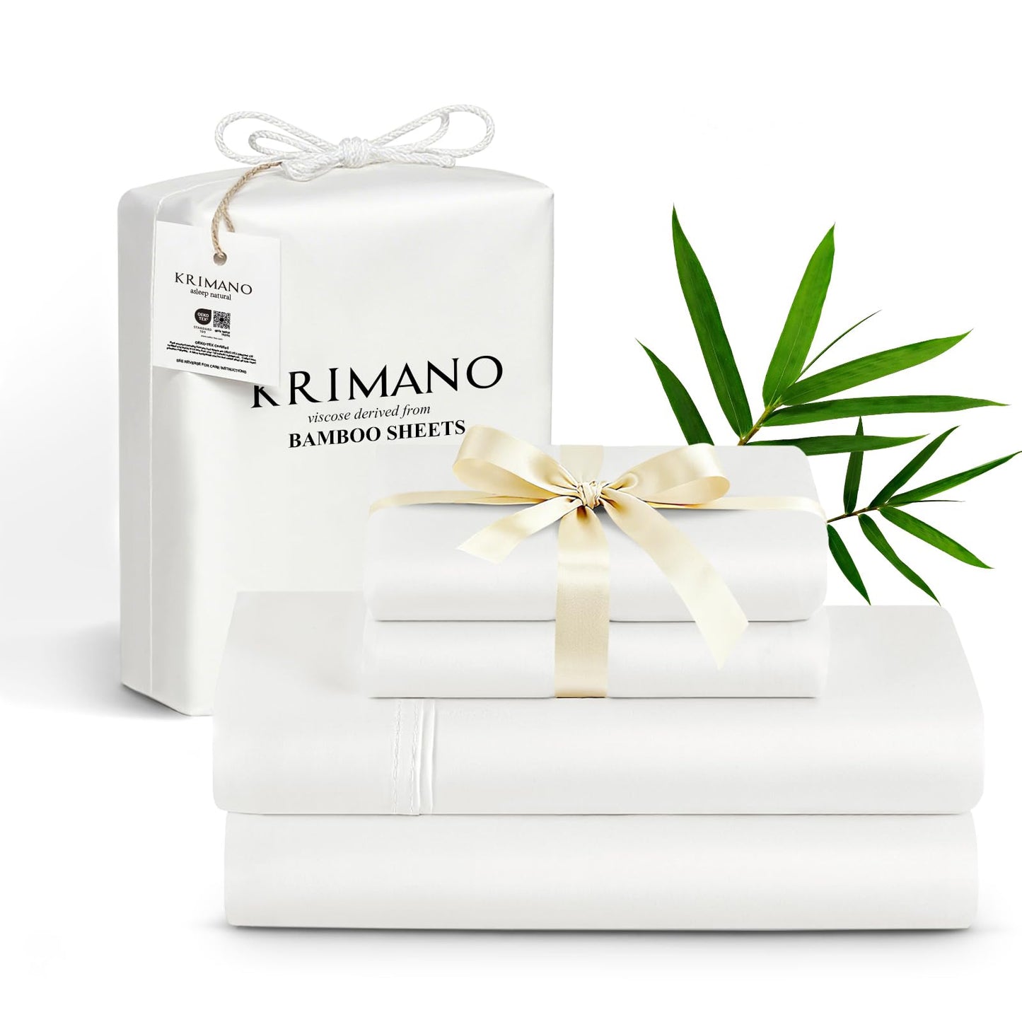 Krimano Twin Size Sheet Set, Viscose Bamboo Sheets for Bed Set 3pcs, 100% Viscose Derived from Bamboo, Hotel Luxury Silky & Cooling for Hot Sleepers, Deep Pocket Up to 17", White