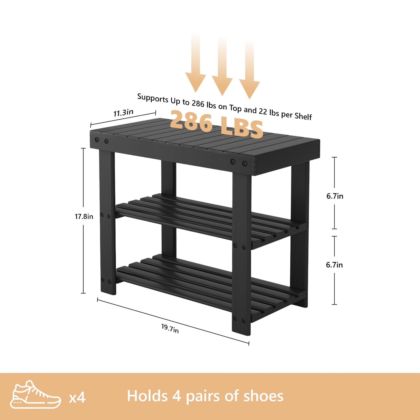 Sweetcrispy Shoe Rack Bench, 3-Tier Bamboo Entryway Storage Organizer, 286lb Capacity, Shoes Stand for FrontDoor Entrance, Bedroom, Living Room, Bathroom, Balcony, 19 Inches Length, Black