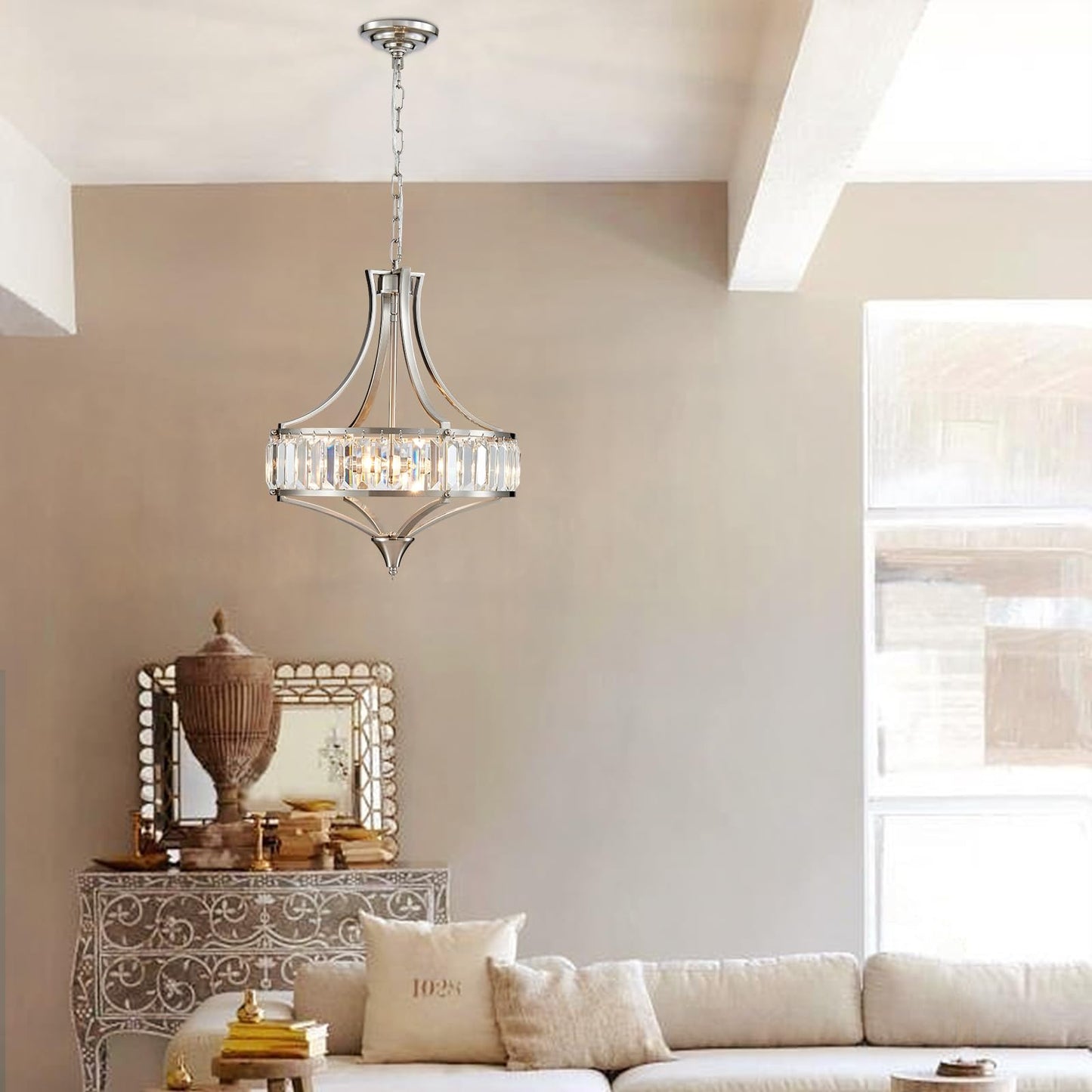 Majhoiw Crystal Chandeliers for Dining Room, Round Rustic Farmhouse Chandelier, Metal Shade, 4-Light Modern Brushed Nickel Chandelier for Hallway, Bedroom, Foyer