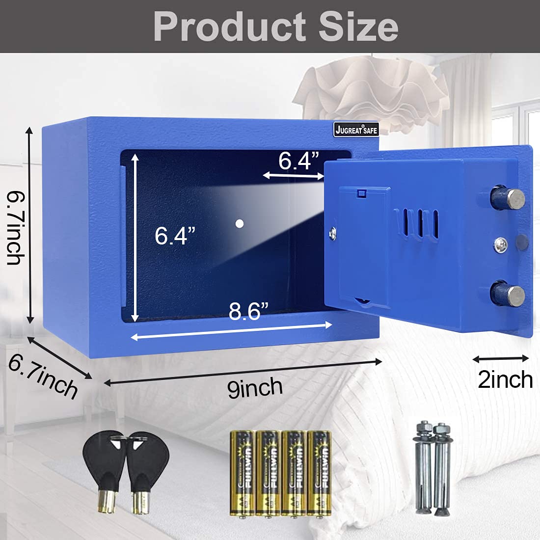JUGREAT Safe Box with Sensor Light,Electronic Digital Security Safe Steel Construction Hidden with Lock，Wall or Cabinet Anchoring Design for Home Office Hotel Business 0.23 Cubic Feet Blue