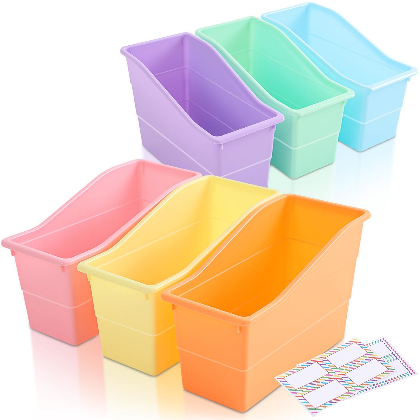 Blosssound 6 Set Book Bins for Classroom with Label Sticker Book Box Baskets Plastic Stackable Organizing Bins Storage & Organization for Classroom Library Home School Supplies (Pastel)