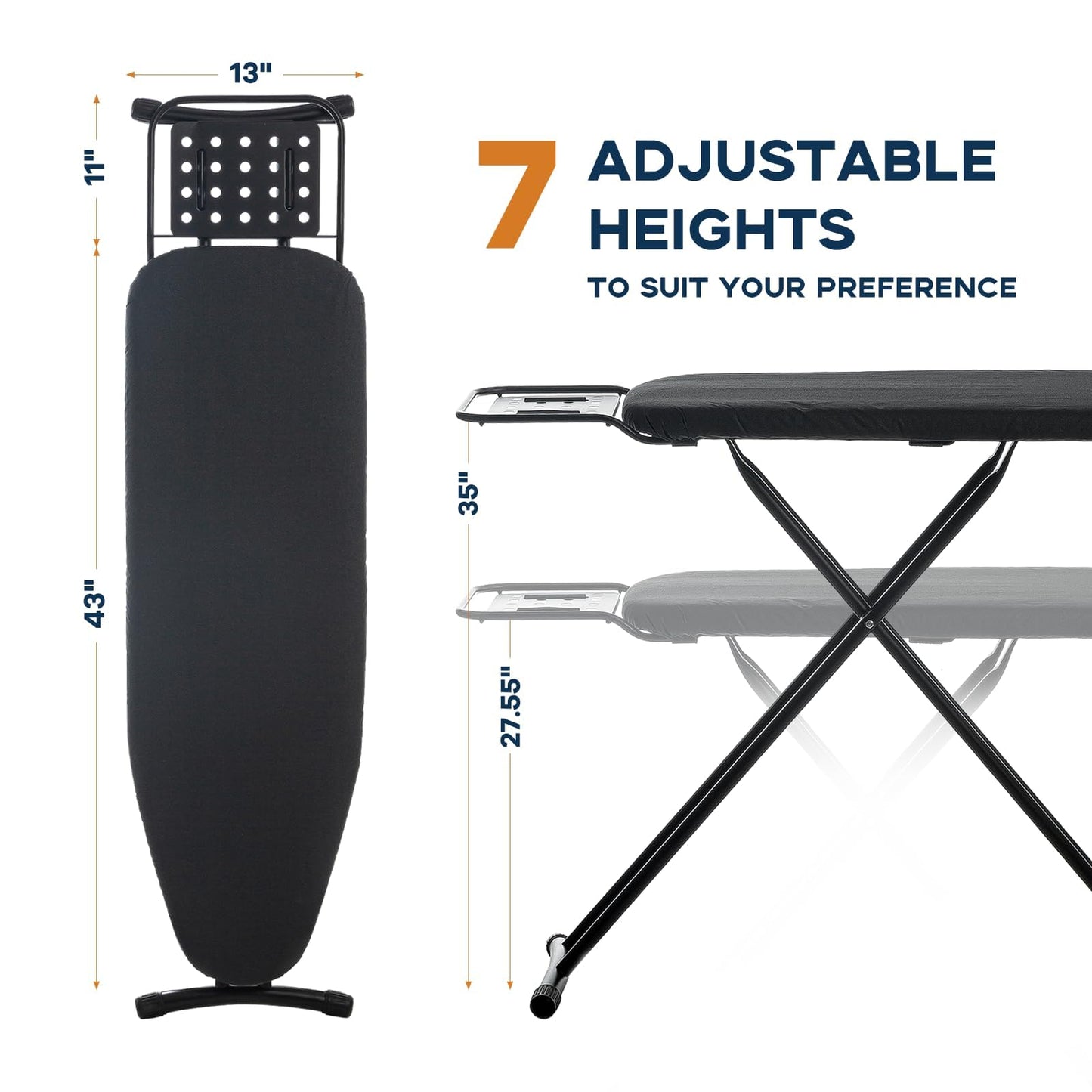 Ironing Board Full Size, RAINHOL 54"x13" Heavy Duty Compact Ironing Board with Iron Rest, Heat Resistant Cover with Ultra Thick Padding, Height Adjustable Sturdy Iron Stand, Black