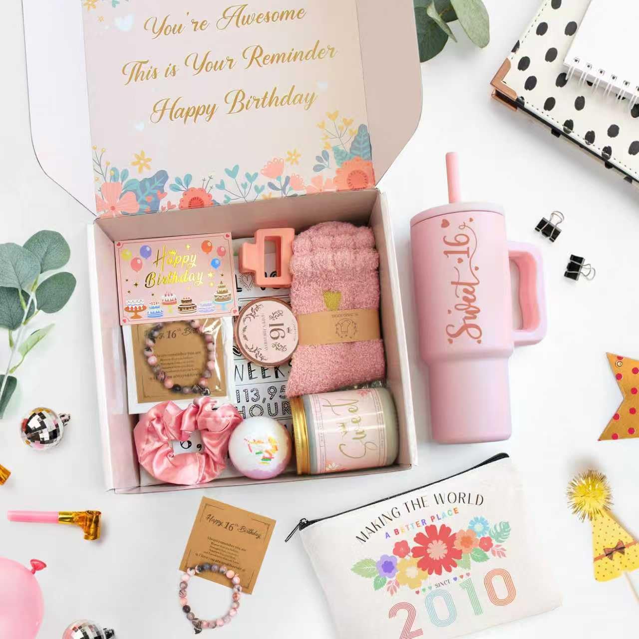 Sweet 16 Gifts for Girls - 16 Year Old Girl Gifts - Happy 16th Birthday Party Decorations for Girls Pink - 11 Pieces Unique Sweet Sixteen Gift for Teen Girl, Daughter, Niece, Granddaughter