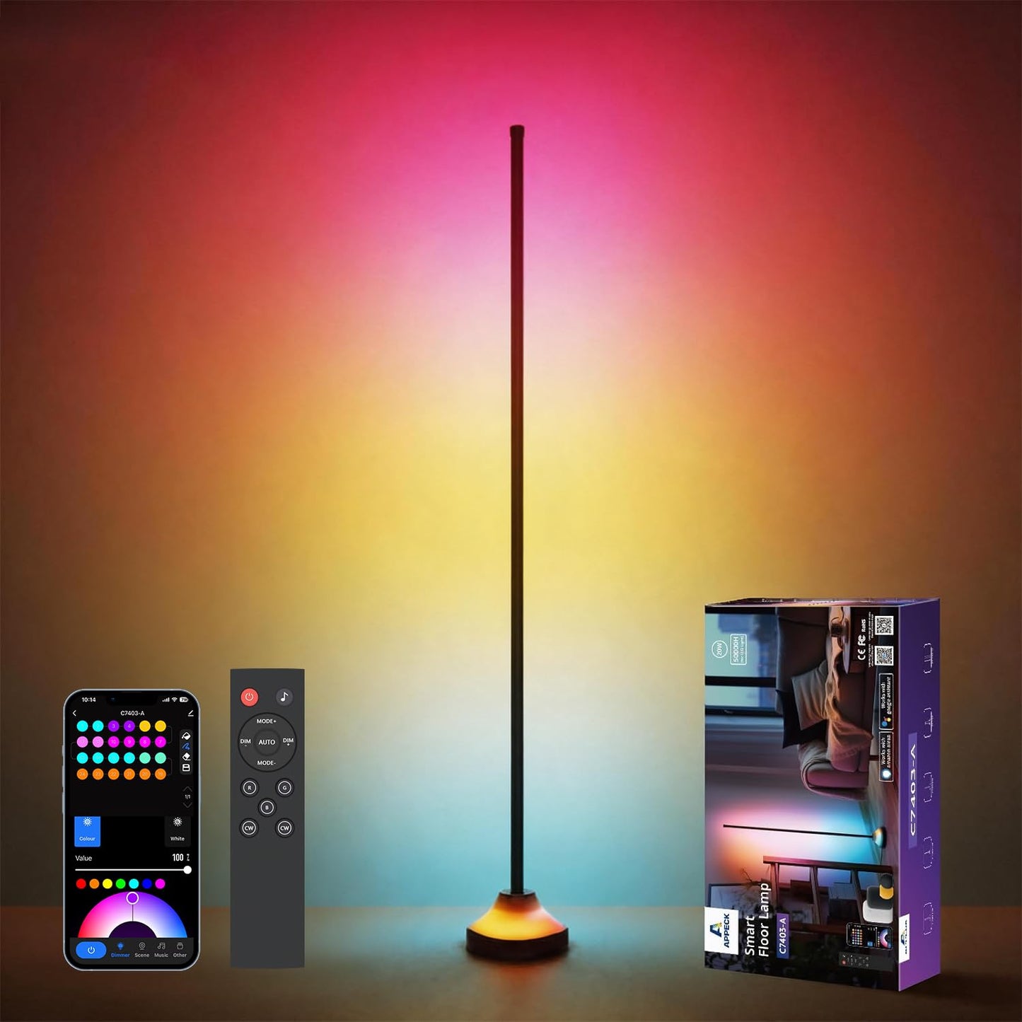 APPECK Smart RGBW Floor Lamp, 1000 lm LED Standing Lamp with APP Control, Dimmable Modern Corner Floor Lamp for Living Room, Bedroom, Compatible with Alexa