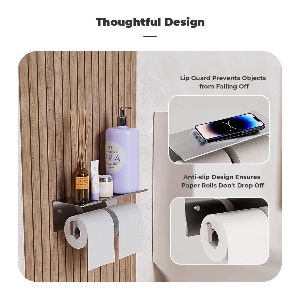 Double Toilet Paper Holder with Shelf, FreshGlow Large Tissue Holder Brushed Nickel, Wall Mount Commercial Toilet Paper Dispenser Phone Shelf Stainless Steel, Tissue Roll for Bathroom
